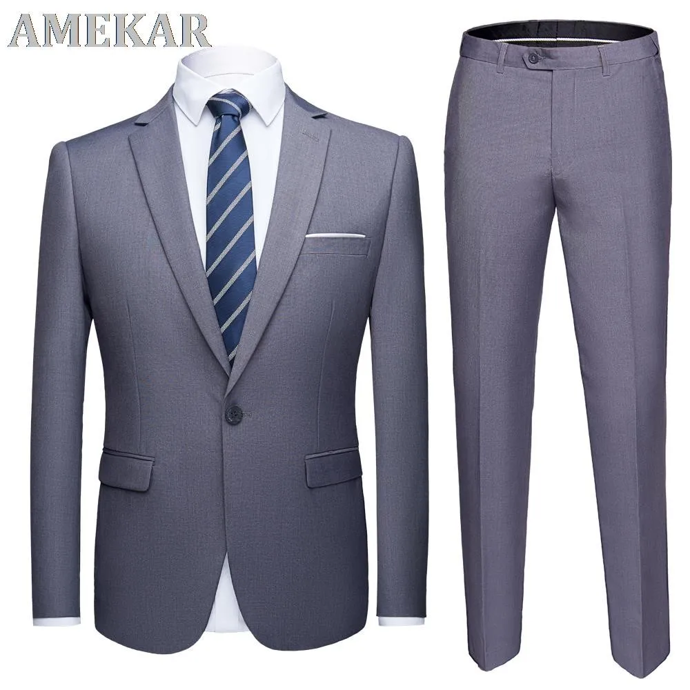 

Good Quality 2 Piece men's Wedding Suit Male Slim Fit Business Office Plus Size Blazer+ Pants One Button Men Suit Set