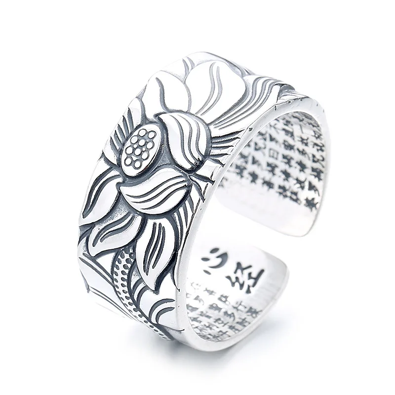 

S925 Sterling Silver Matte Relief Lotus Inner Ring Heart Scripture Wide Edition Open Ring for Men and Women