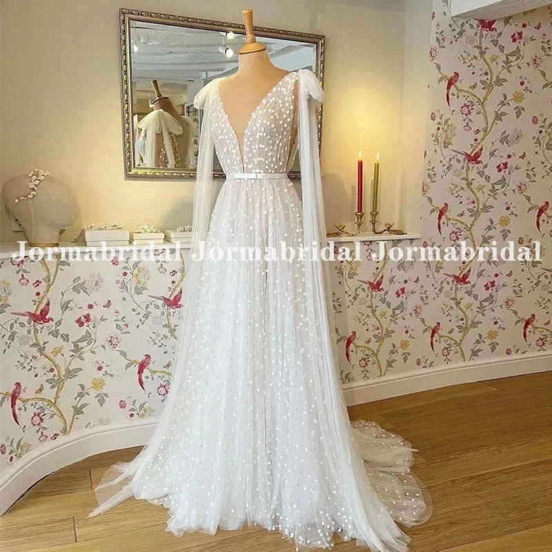 

Ivory Polka Dot Tulle Wedding Gown with Bow Cape Plunging V-neck Mori Bridal Dresses Simple Lightweight Bride Reception Dress
