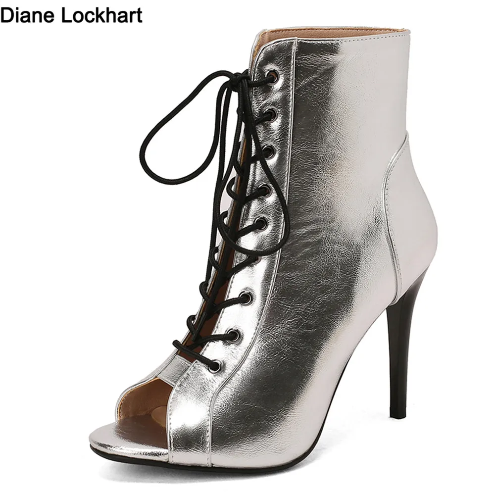 Peep Toe Summer Woman Sandals Sexy Gladiator Ankle Boots Lace-up Thin High Heels Jazz Latin Dance Shoes Female Gold Silver Pink