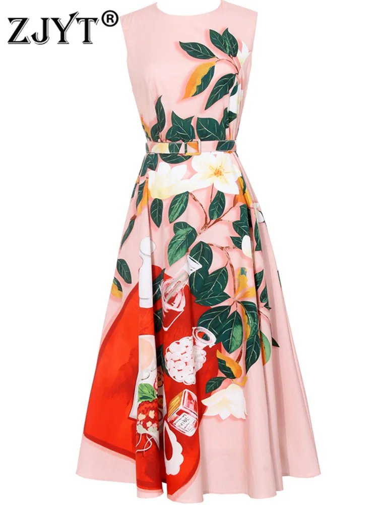 

Женские модельные платья ZJYT с цветочным принтом, элегантные розовые платья средней длины без рукавов, повседневный женский сарафан, лето 2022
