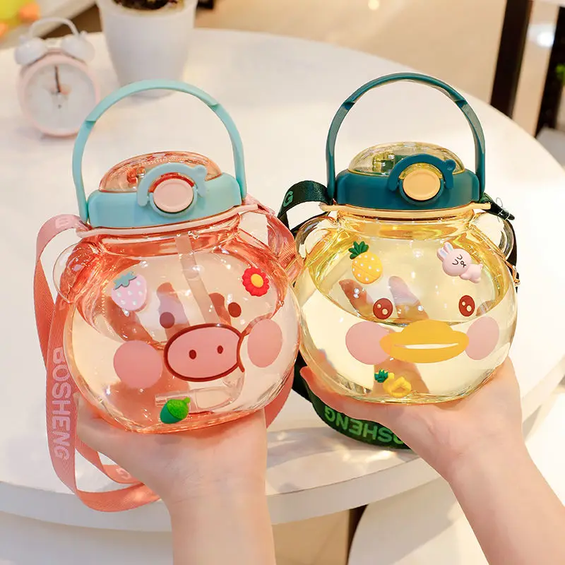 Ins Cute Pink Bear Pig Duck Straw Cup Girl Women Korea Milk Coffee Cup Vacuum Belly Cup Kawaii Portable Water Cup Bottle 1400ml