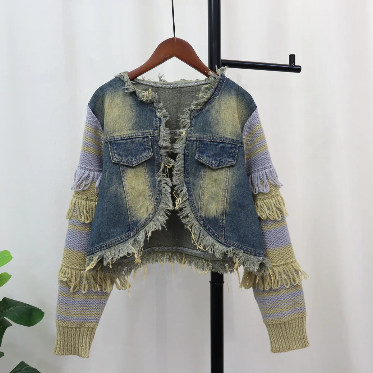 

Женский короткий джинсовый кардиган, винтажный вязаный кардиган с бахромой на осень и зиму, 2023