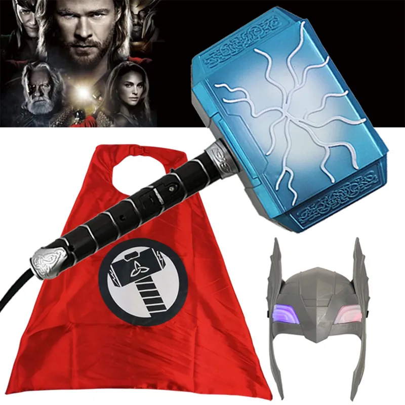

MARVEL 2022 NEW Avengers Thor Figure LED Mask Sound Light Hammer Axe Cosplay Weapons Set Halloween Children Toys Gift