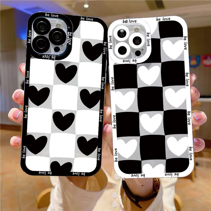 

Simple shell Black White Grid Love Heart Phone Case For iPhone 11 12 13 14 Pro Max X XR XS 7 8 Plus SE 2020 Transparent Cover
