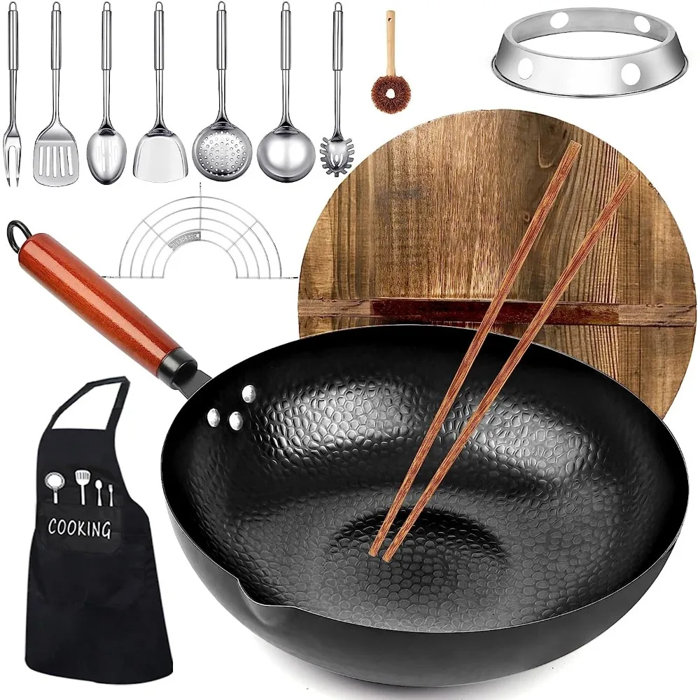 

Kaqinu Carbon Steel Wok Pan, 14 Piece Woks & Stir-Fry Pans Set with Wooden Lid & Cookwares, Cooking Pots Set ，Black Cookware