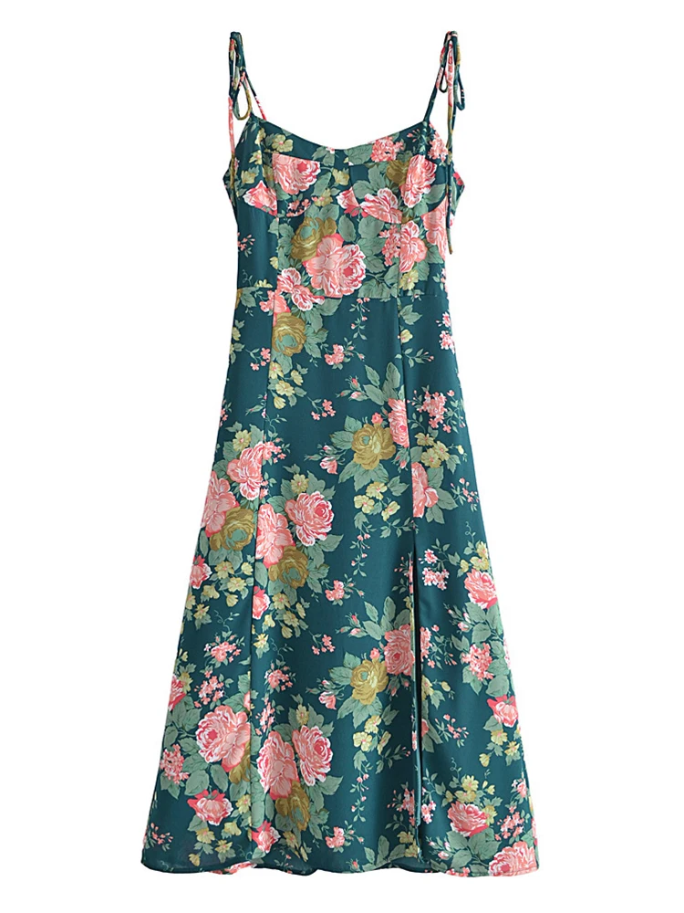 

Summer Women French Style Vintage Floral Print Sling Chiffon Dress Sexy Slits A-line Ladies Midi Dress Prairie Chic Robe