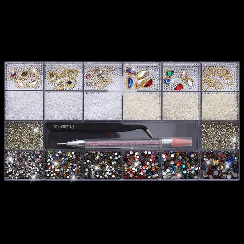 

21 Grids Nail Gems Rhinestones Set Tweezers Manicures Supplies Accessories K3NE