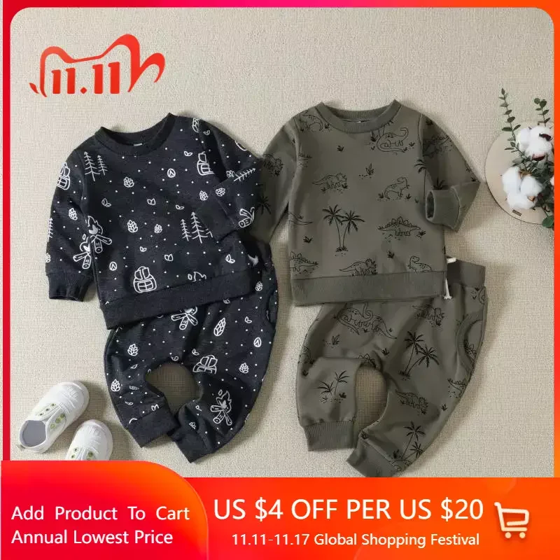 

2023 Spring Autumn Casual Kids Clothes Boy 2Pcs Set Long Sleeve Print Pattern O-Neck Sweatshirt Full Pant Outfits 1-4 Year
