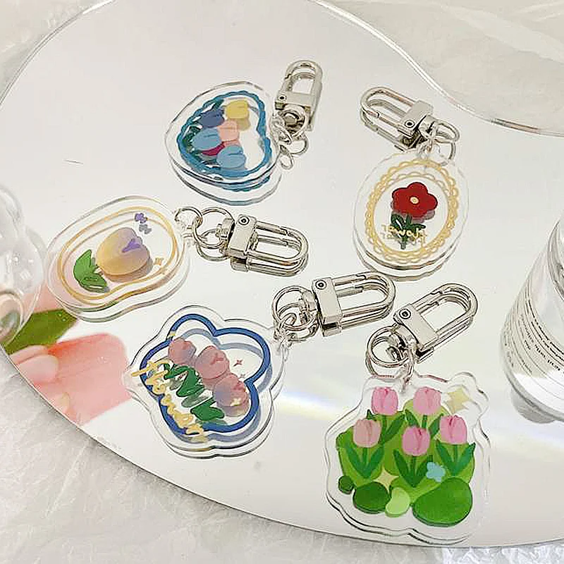 

5pcs/set Plastic Tulip Keychain Cute Cartoon Colored Flower Key Buckle Bag Car Pendant Decoration Fashion Key Chain Accessories