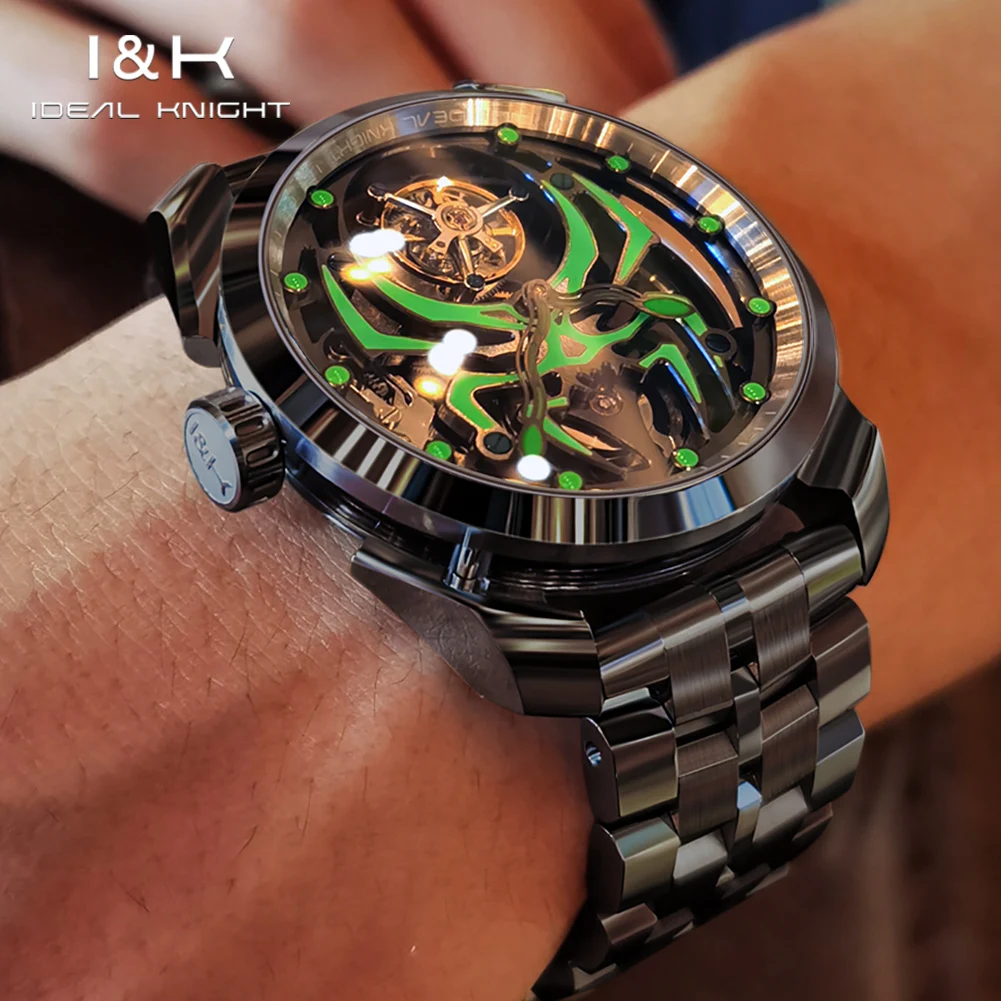 Фото IDEAL KNIGHT 6802, автоматические часы с турбийоном, мужские модные часы со светящимся пауком, механические часы с кожаным ремешком из нержавеющей стали №2