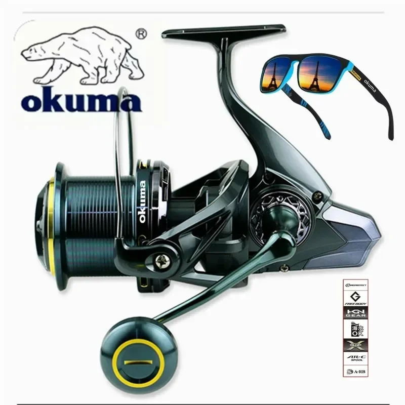 Фото Рыболовная катушка Okuma 9000-14000, металлическая, для дальнего заброса, с направляющей шпулей, передаточное число 4.7:1, тормозная сила 30 кг. №1