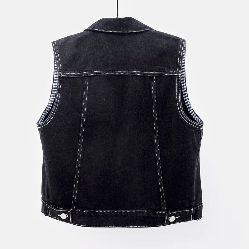 

White Black Stripe Denim Vest Women Korean Waistcoat Summer Loose Short Cowboy Sleeveless Jacket Big Pocket Jeans Vests Female