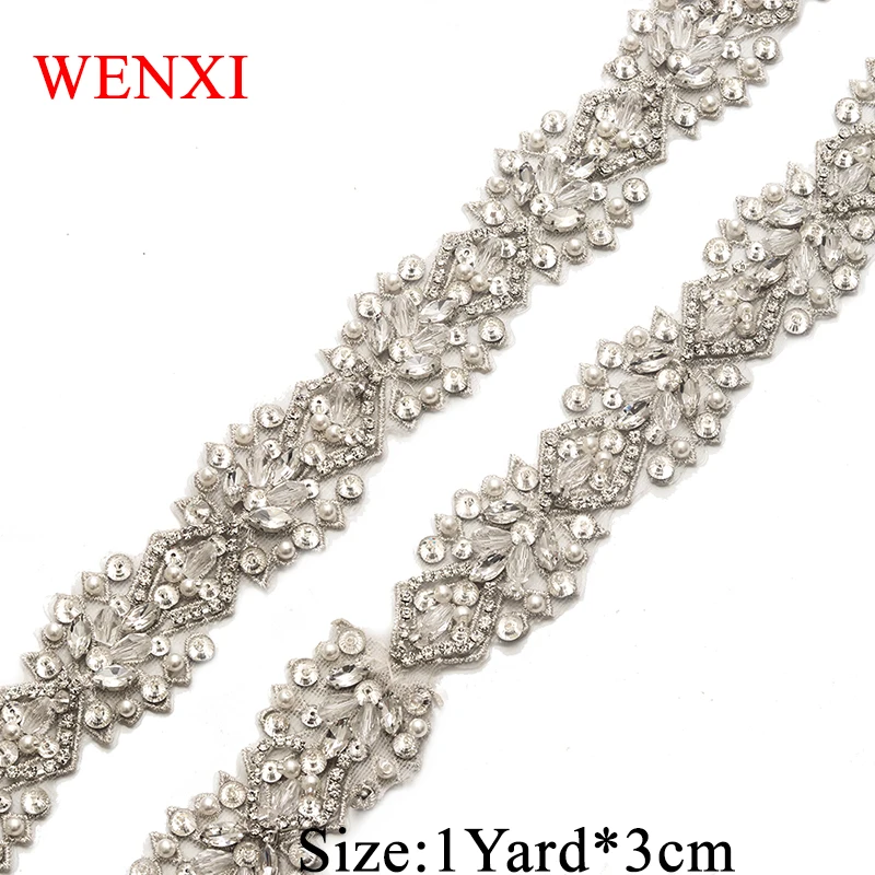 

WENXI 1YARD Handmade Sewing On Bridal Silver Crystal Rhinestone Applique Trim For Wedding Dress Sash WX807