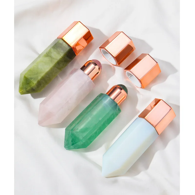 

Natural Purple Powder White Crystal Energy Obelisk Face Point Massager Jade Stone Roller Oil Bottle Reiki Collection Ornament