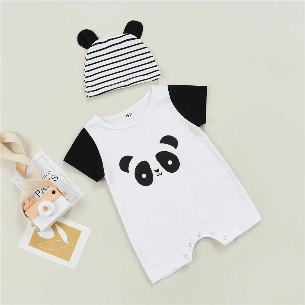 

Baby Boy Cute Cartoon Panda Print Romper Beanie Hat Short Sleeve Playsuit 0-18M Newborn Infant Toddler Summer Casual Outfit 2022