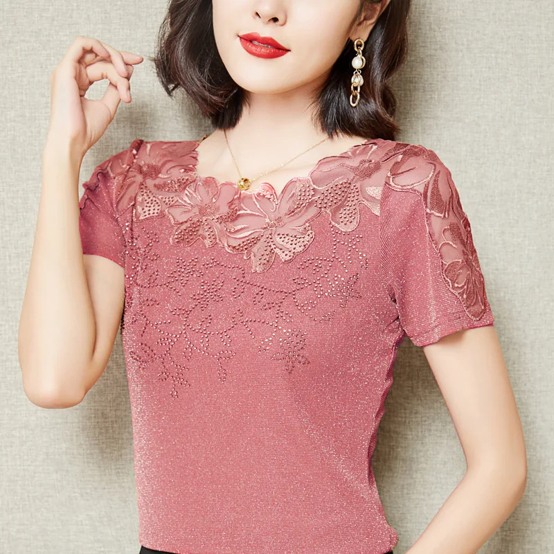 

M-4XL Women T-Shirt 2022 New Lace Hollow Embroidery Mesh Tops Fashion Casual Short Sleeve Hot drilling Women's Shirt Blusas