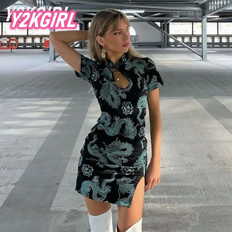 

Платье Y2KGIRL в китайском стиле с принтом дракона для женщин, летнее платье-мини с вырезами и пуговицами в китайском стиле, модное платье-Ципао