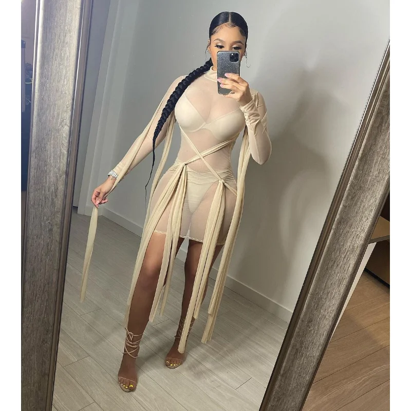 

Сексуальное прозрачное Сетчатое женское мини-платье с лентой, высокоэластичное облегающее Прозрачное платье с длинным рукавом, платье для ночного клуба, модель 2023