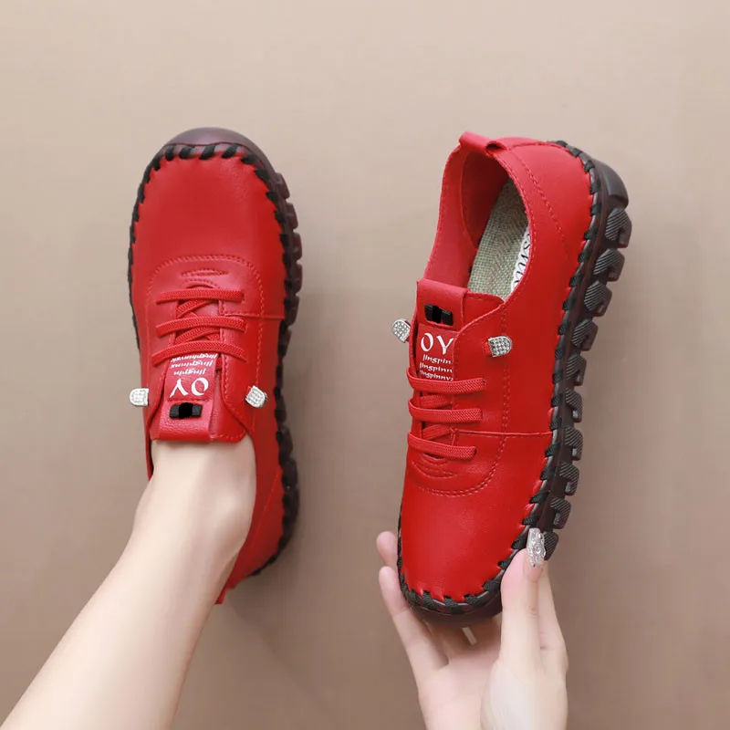 High Quality Red Leather Sneakers Women Big Size 42 43 Orthopedic Shoes Comfort Cushion Loafers Ladies Flat Shoes Moccasins
