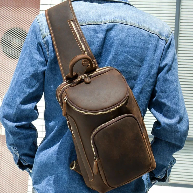 

Bag Chest Genuine Riding For Men Bag Outdoor Chest Travel Shoulder Leather Bagpack Body Leather Pack Messenger Cowskin Cross