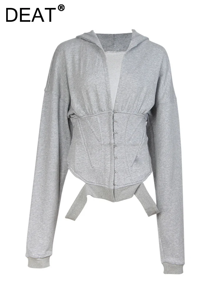 

[DEAT] New Women's Temperament Strapless Slim Long Sleeve Hoodie Solid Color Fashion Design Female Coat 2023 Spring 13DB364