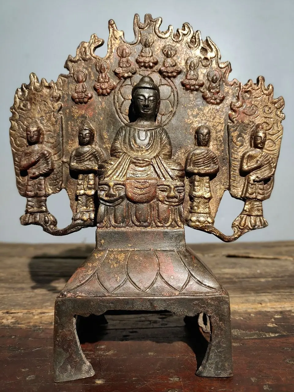 

9"Tibet Temple Collection Old Bronze Cinnabar Lacquer Northern Wei Buddha Shakyamuni Amitabha 5 Buddha statues Ornaments