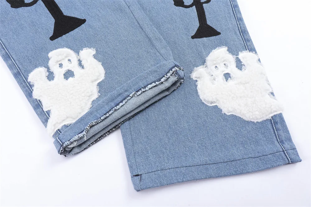Fashion High Street Lampstand and Skull Flower Embroidery Ripeed Jeans Men Women Straight Retro Casual Baggy Denim Trousers Blue