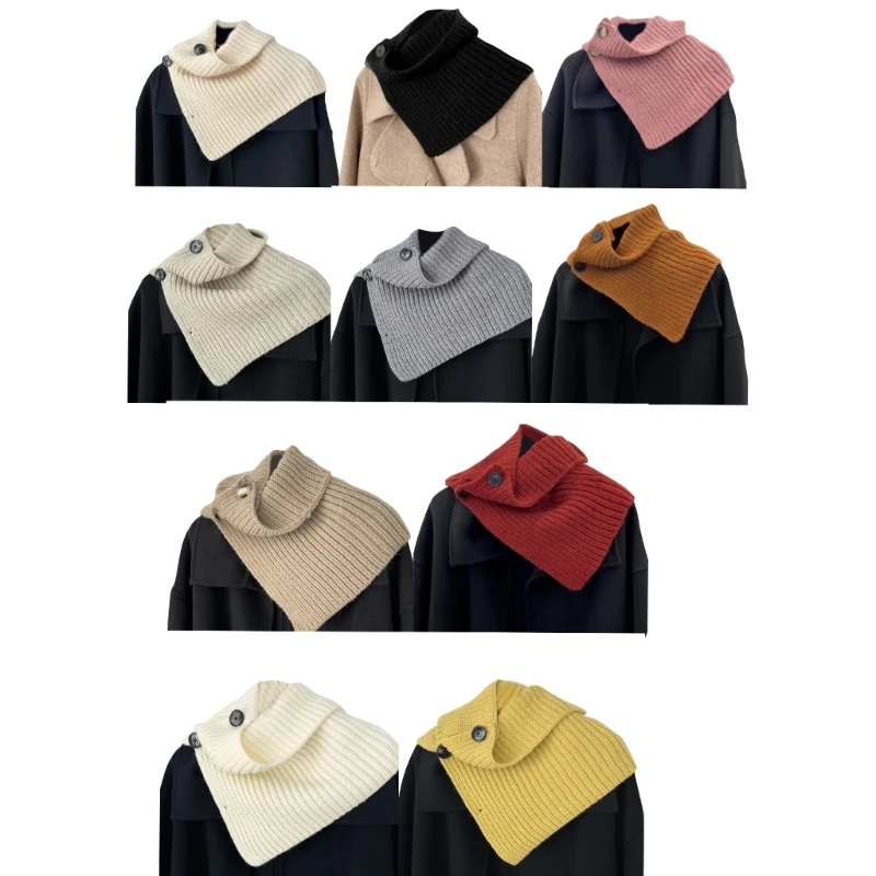 

Winter Rib Knit Turtleneck Collar Side Buttons Solid Color Scarf Wrap for Women