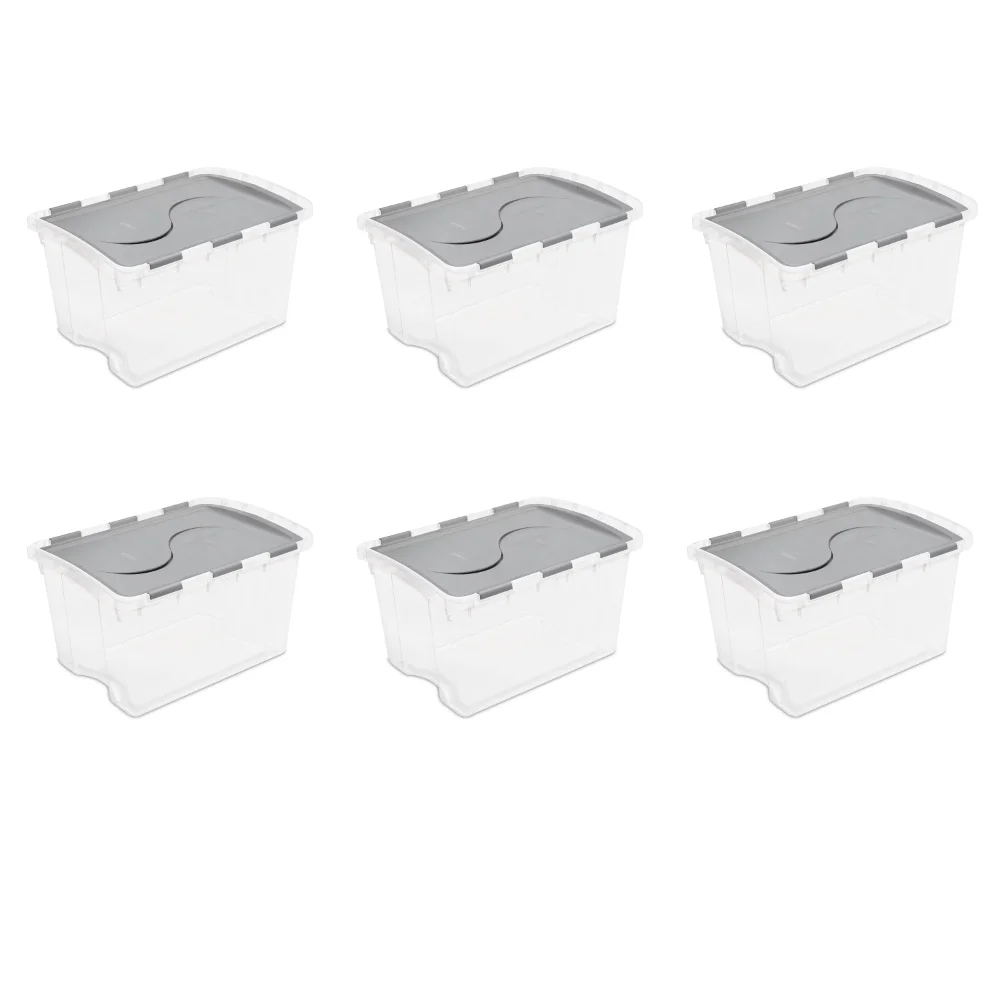 

48 Qt. Hinged Lid Storage Box Plastic, Titanium, Set of 6,Strong and Durable,22.38 X 15.88 X 13.12 Inches