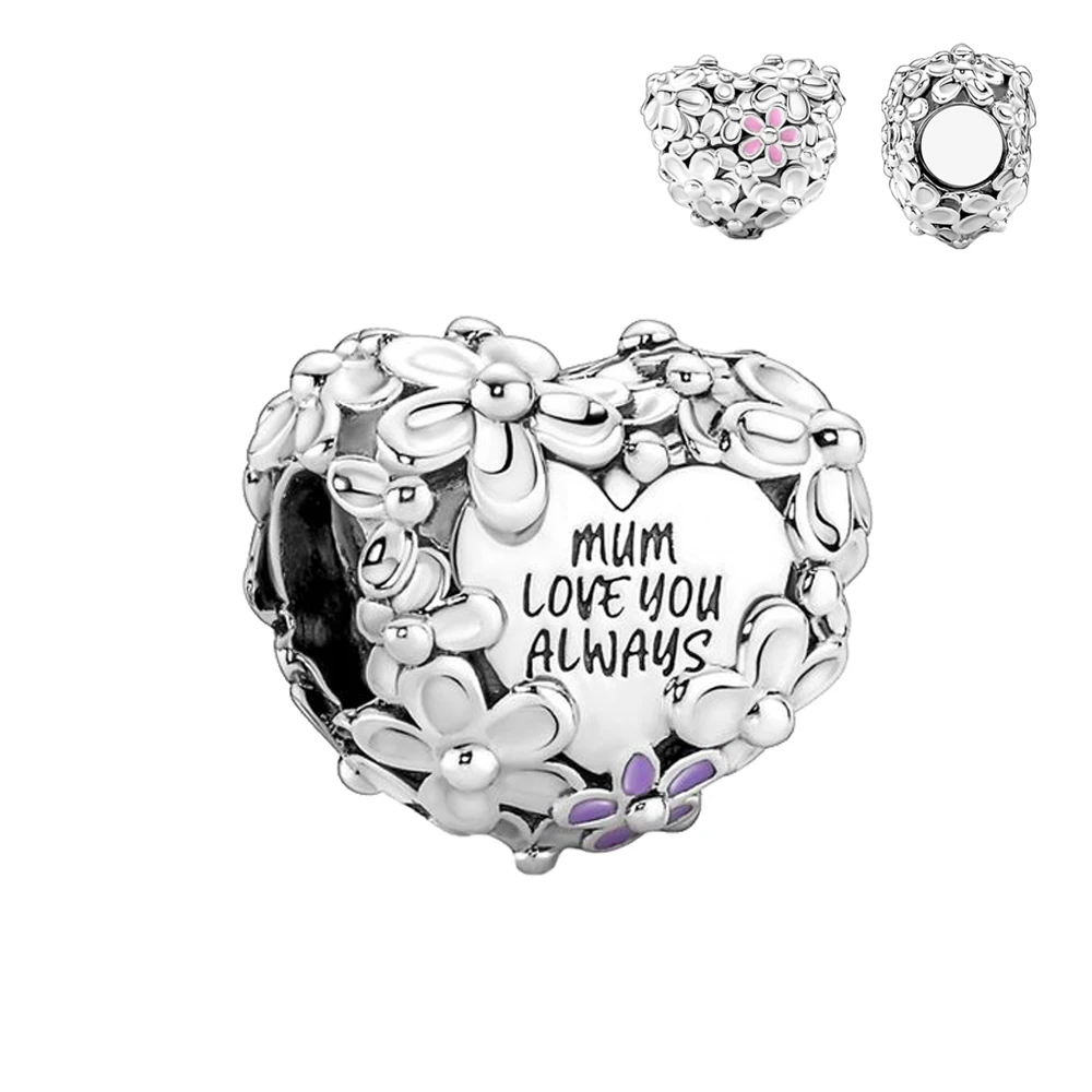 

plata charm of ley 925 original mum love you always heart flower charm fit Original Pandora Bracelet DIY Silver Jewelry