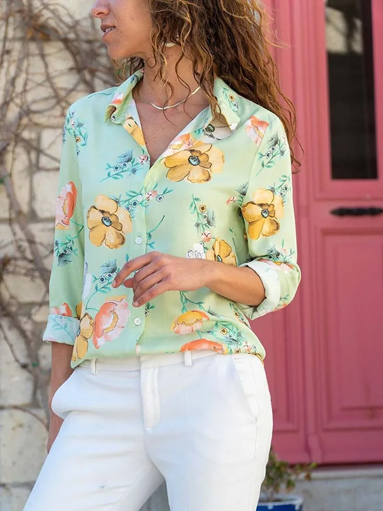 Весенняя новинка рубашка с цветочным принтом топы женская мода отложной