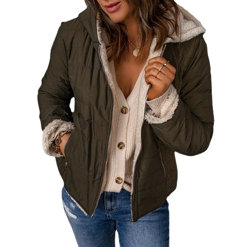 Cotton Clothing Female Winter Long-Sleeved Zipper Loose Dark Green Lapel Warm Jacket Tops Female 2022