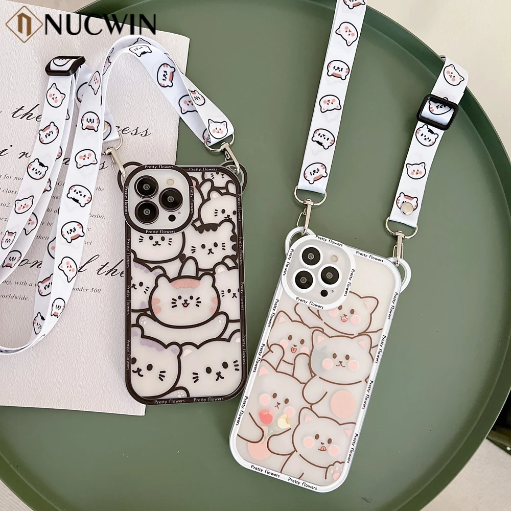 

INS Cute Cat Ears Crossbody Phone Case For iPhone 13 12 11 Pro Max X Xs Max 8 7 Plus Flowers Bear Clear Soft Shockproof Cover