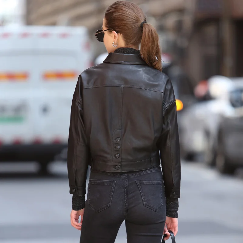Women Genuine Leather Jackets Solid Simple Single-Breasted Crop Biker Motorcycle Leather Coats Shirt Short 2022 Autumn CL4025