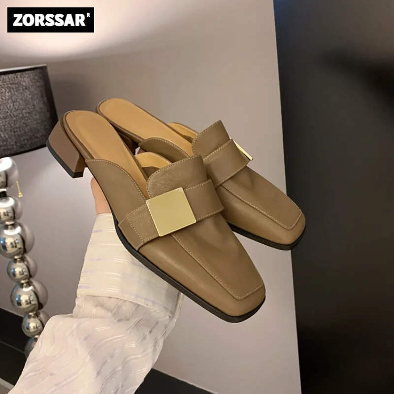 

Genuine Leather Women Mules 2023 Summer Women Flats Sandals Slingbacks Party Shoes Woman Outdoor slippers Plus Size 34-42