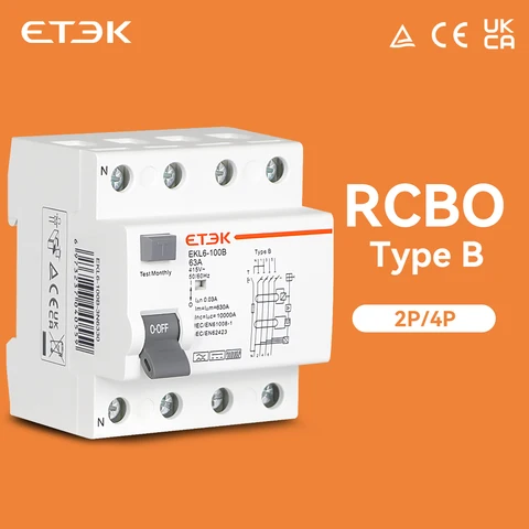 Автоматические выключатели для утечки заземления Evse RCCB, тип B, ETEK RCD 2P, 4P, 2 полюса, 4 полюса, 40 А, 63 А, а, 30 мА, стандартная 10 кА, Din-рейка