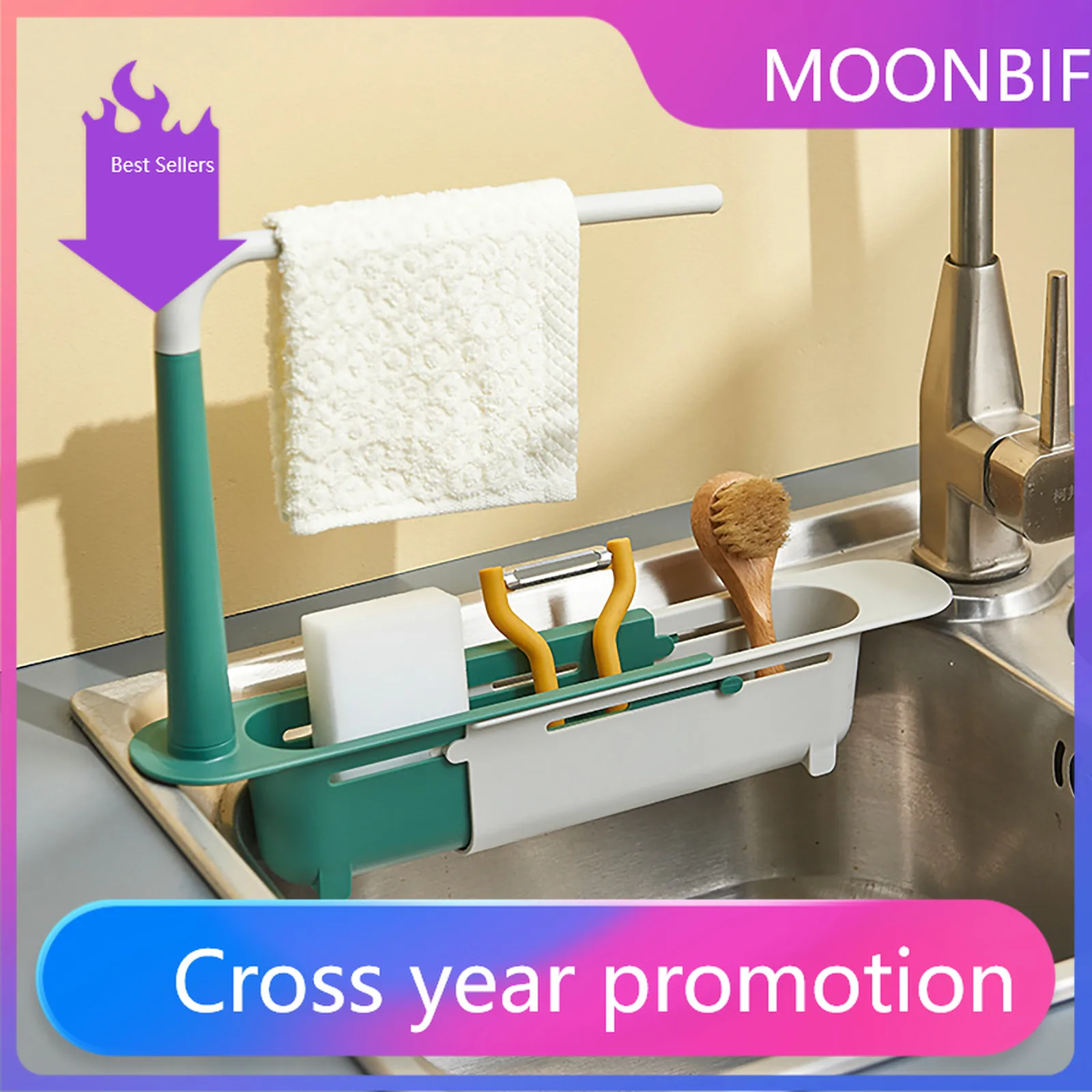 

Hot Sale Telescopic Sink Shelf Kitchen Sinks Organizer Soap Towel Sponge Holder Drain Rack Storage Basket Gadgets Accessories #4