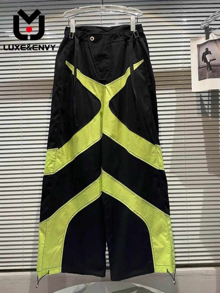 

LUXE&ENVY Red Same 2023 Summer New Fluorescent Green Contrast Drawstring Trouser Leg Girl Wide Cargo Pants Casual