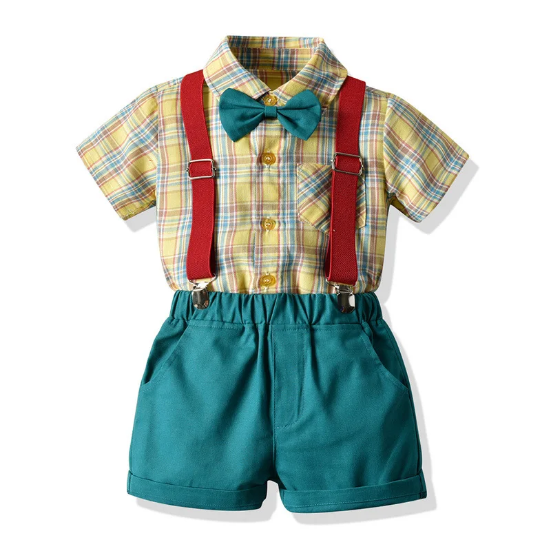 Summer Boys Clothing Set Casual Plaid Shirt Shorts Set 1-6Years Short Sleeve Candy Color Little Bbay Boy Summer Clohtes Outfit