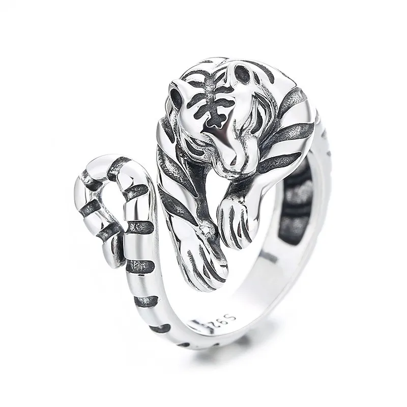 

565J ZFSILVER Silver 925 Fashion Luxury Trendy Adjustable Retro Chinese Zodiac Tiger Ring For Girls Women Wedding Party Jewelry
