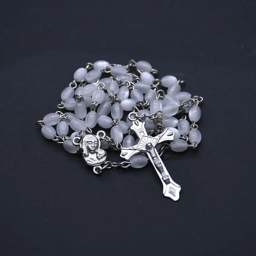 

White Resin Cat Eye Cross Pendant Necklace Rosary Prayer Beads Jesus Maria Christian Catholic Religious Jewelry Accessories Gift