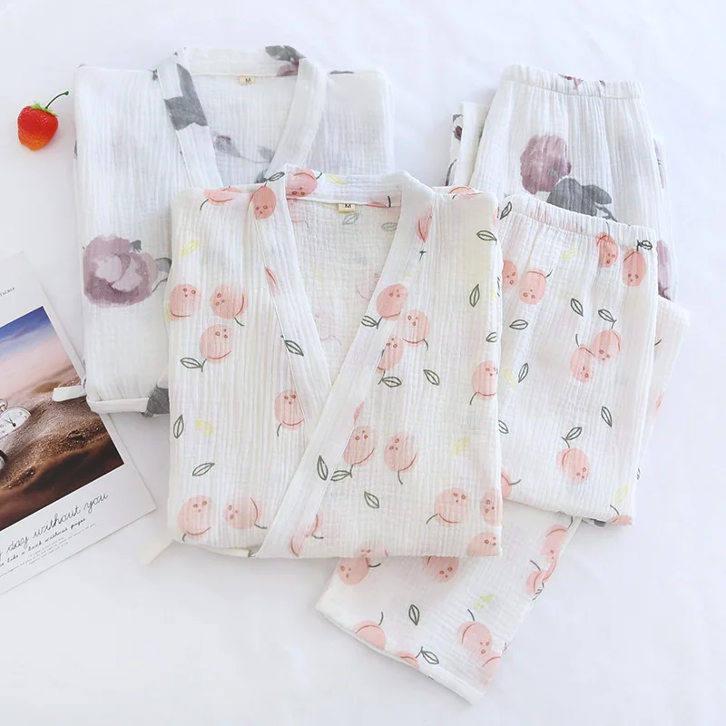 Kimono Suit Women Soft Crepe Loungewear Woman Pj Set Four Seasons Three-quarter Sleeve Sweat Steaming Clothes Home Sauna Pyjamas