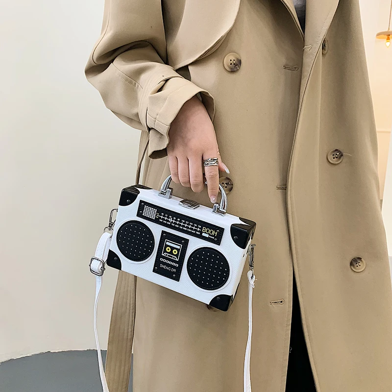Party Handbags for Women 2023 Hit Personality Fashion Bag Leather Funny Cute Radio Shape Small Square Box Hip Hop Shoulder Bag