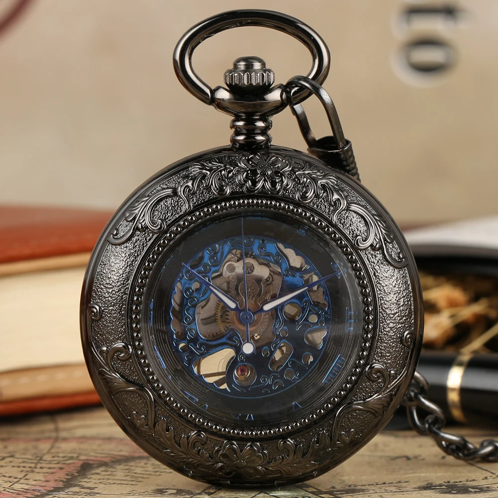Blue Roman Numerals Dial Mechanical Pocket Watch Transparent Glass Retro Black Antique Pocket Clock with Pocket Chain