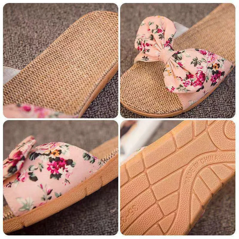 Summer New Linen Women's Slippers with Bow Knot, Non slip Soft Sole, Breathable and Comfortable Household Series Slippers