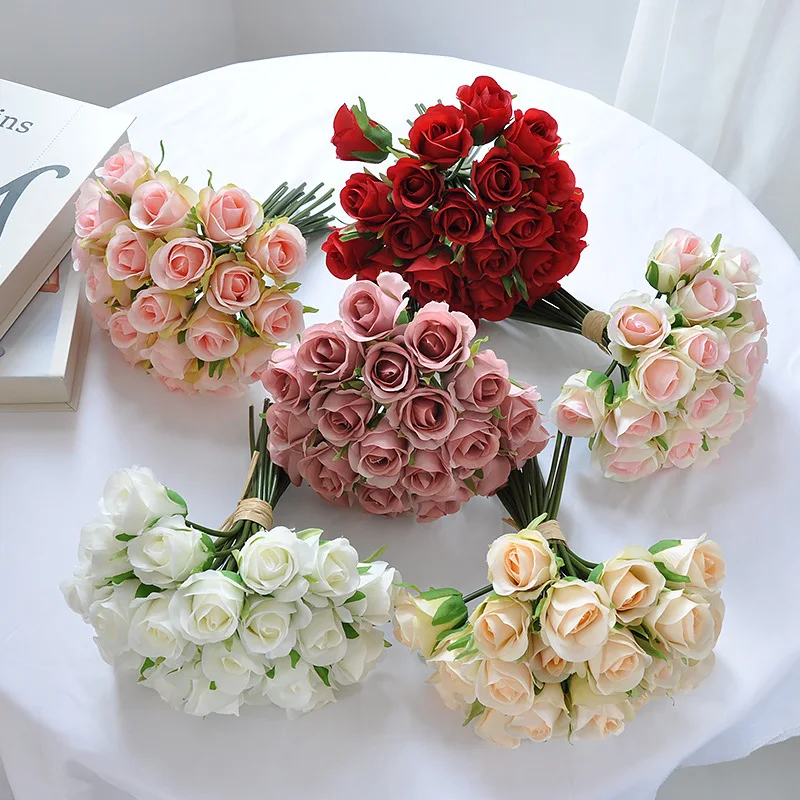 

22 Heads Wedding Decor Artificial Silk Roses Bouquet Bridal Hand Holding Flower Home Living Room Garden Fake Flowers Decoration