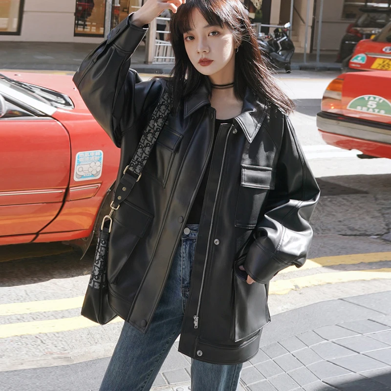 Mid Length Leather Coat Women's Autumn  Winter Korean Locomotive BF Loose Port Pu Winter Style Oversize Jacket Y2k Girl Top