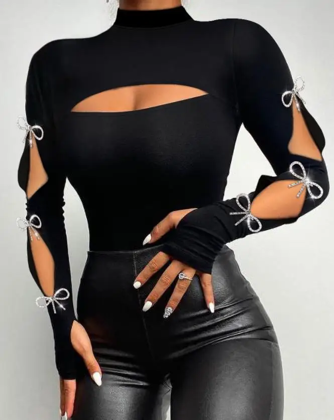 

Женский топ 2022, Весенняя модная Сексуальная футболка с бантом, с вырезом и ложным воротником, с длинным рукавом, обтягивающая Повседневная ф...