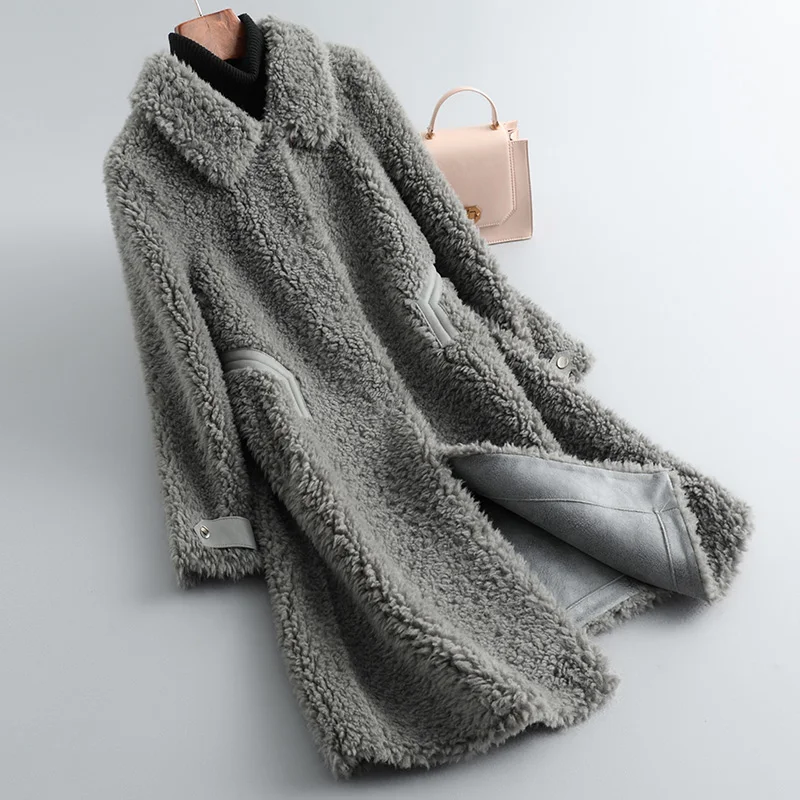 

2022 женская зимняя модная куртка из натурального меха ягненка женские длинные стрижки из овечьей шерсти однотонные теплые пальто F432
